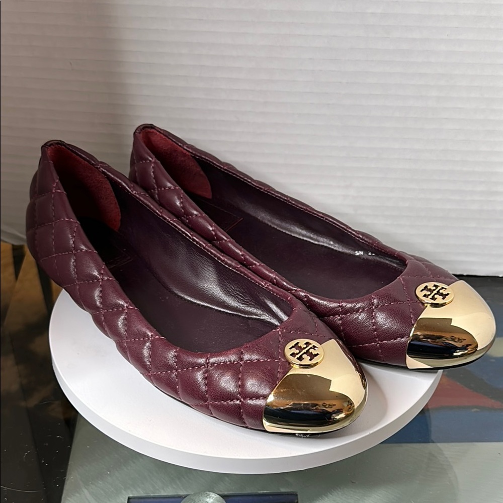 Tory Burch Burgundy and Gold Quilted Flats